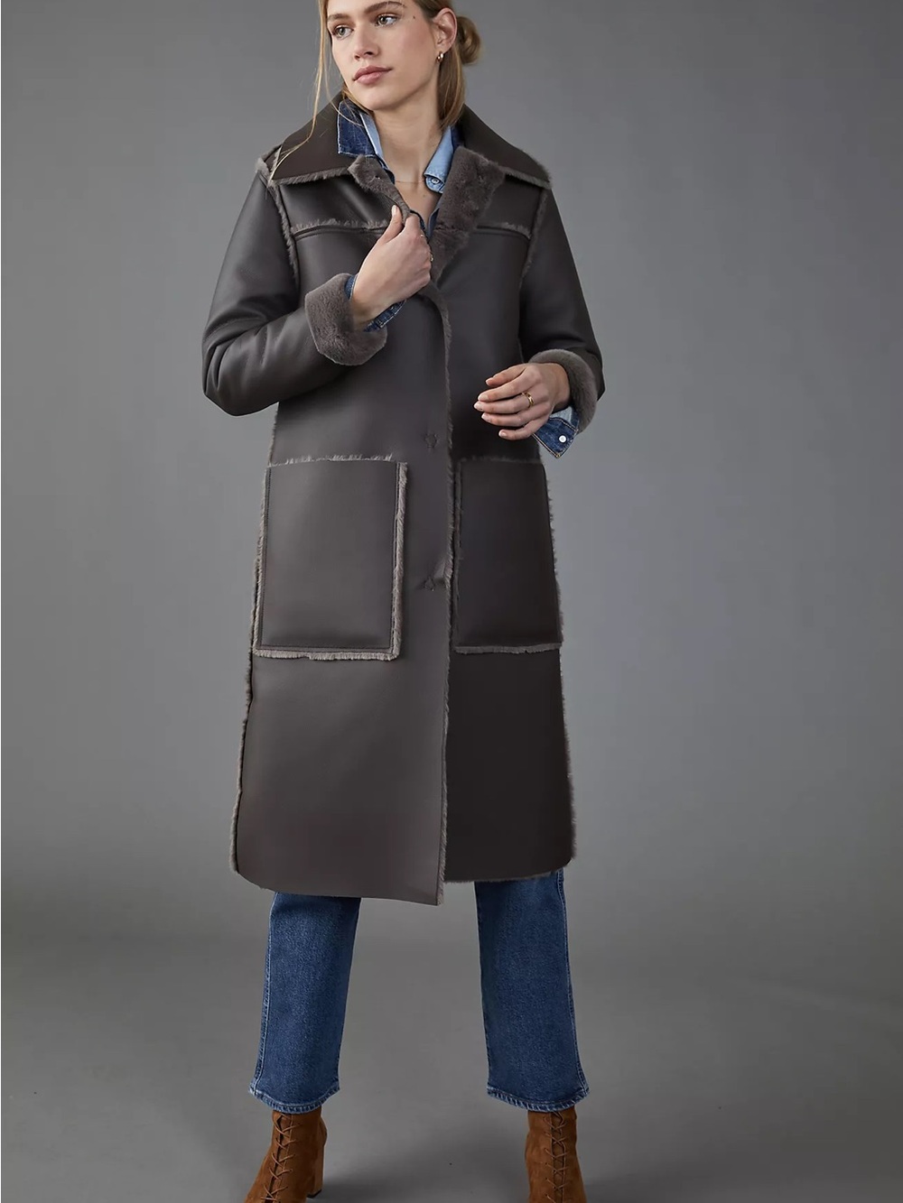 Anthropologie Dark Brown Shearling-Trim Long Coat
